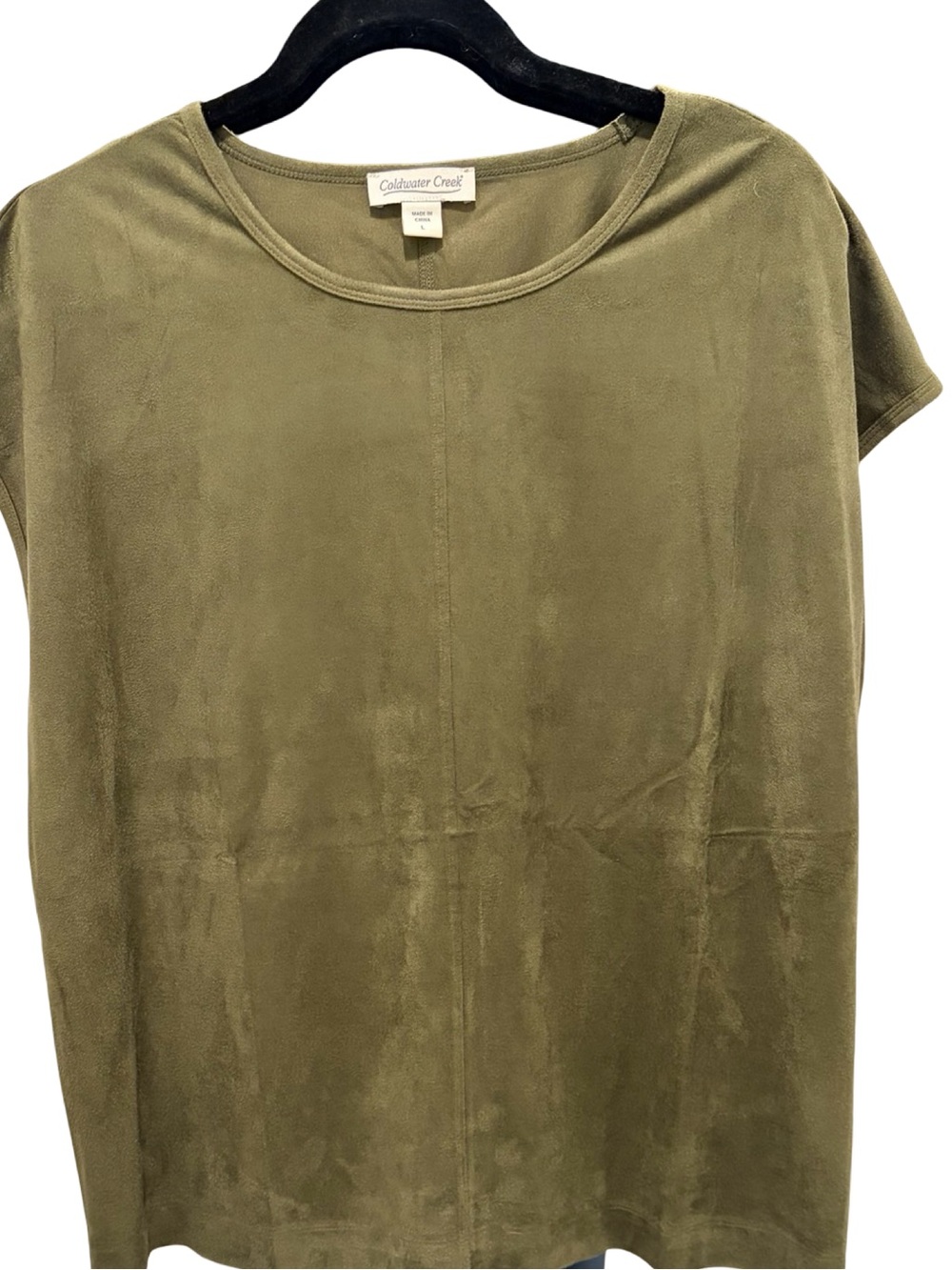 Coldwater Creek Faux Suede Cap Sleeve Top Size L NWOT, Color Moss Green/Olive